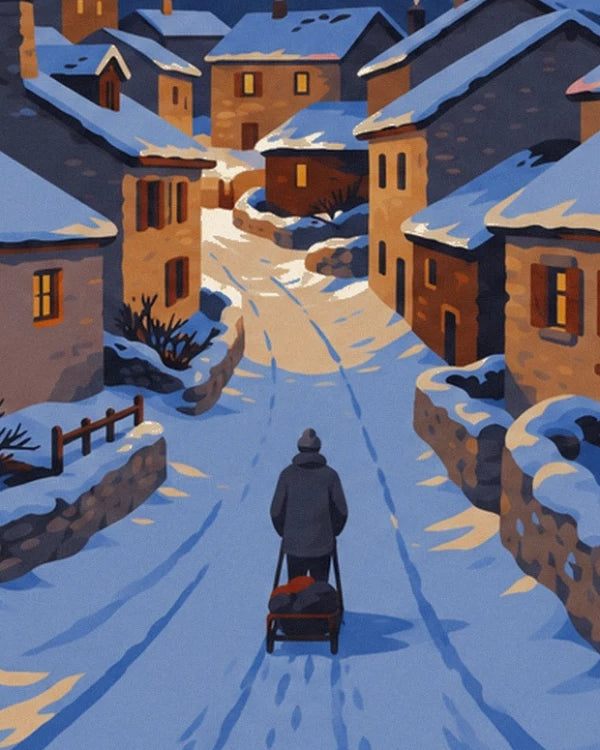 The walker with a loaded sledge, alone in the snowy village lane