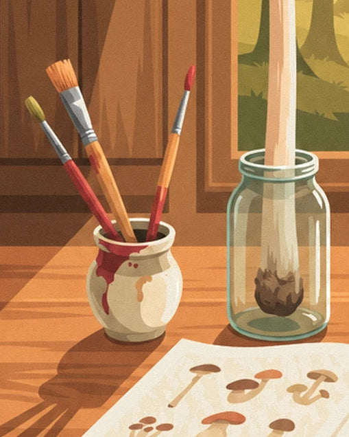 Paintbrushes in a stoneware pot stained with red, beside a glass jar holding a mushroom stem