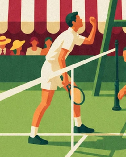 The player in white with a raised fist and racket in hand, near the net