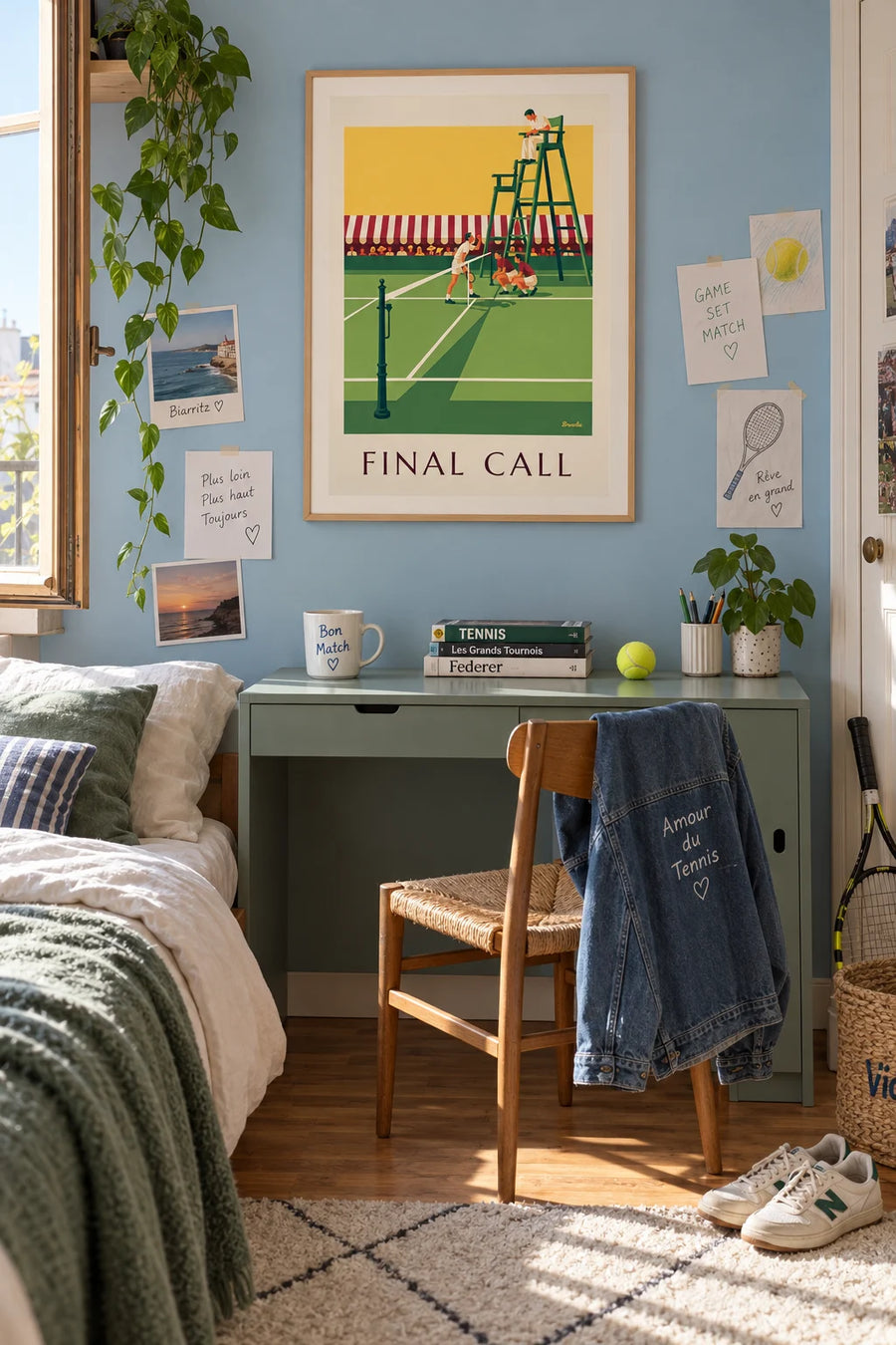 Poster of a chair umpire at the edge of a grass tennis court: framed on the wall