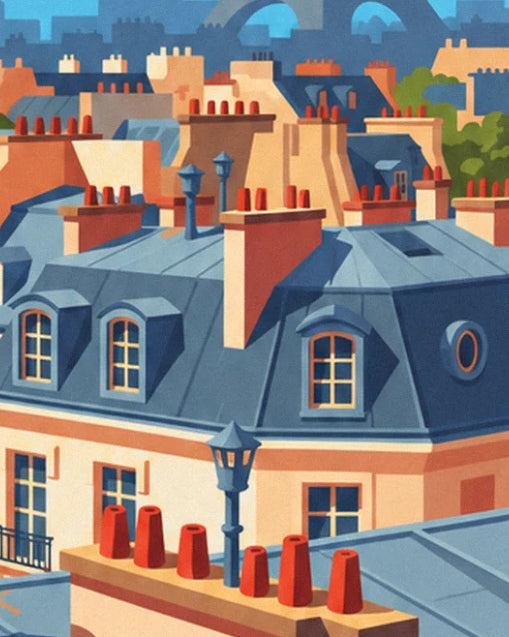 Les toits de Paris en zinc bleu, leurs lucarnes, un lampadaire et des cheminées rouges