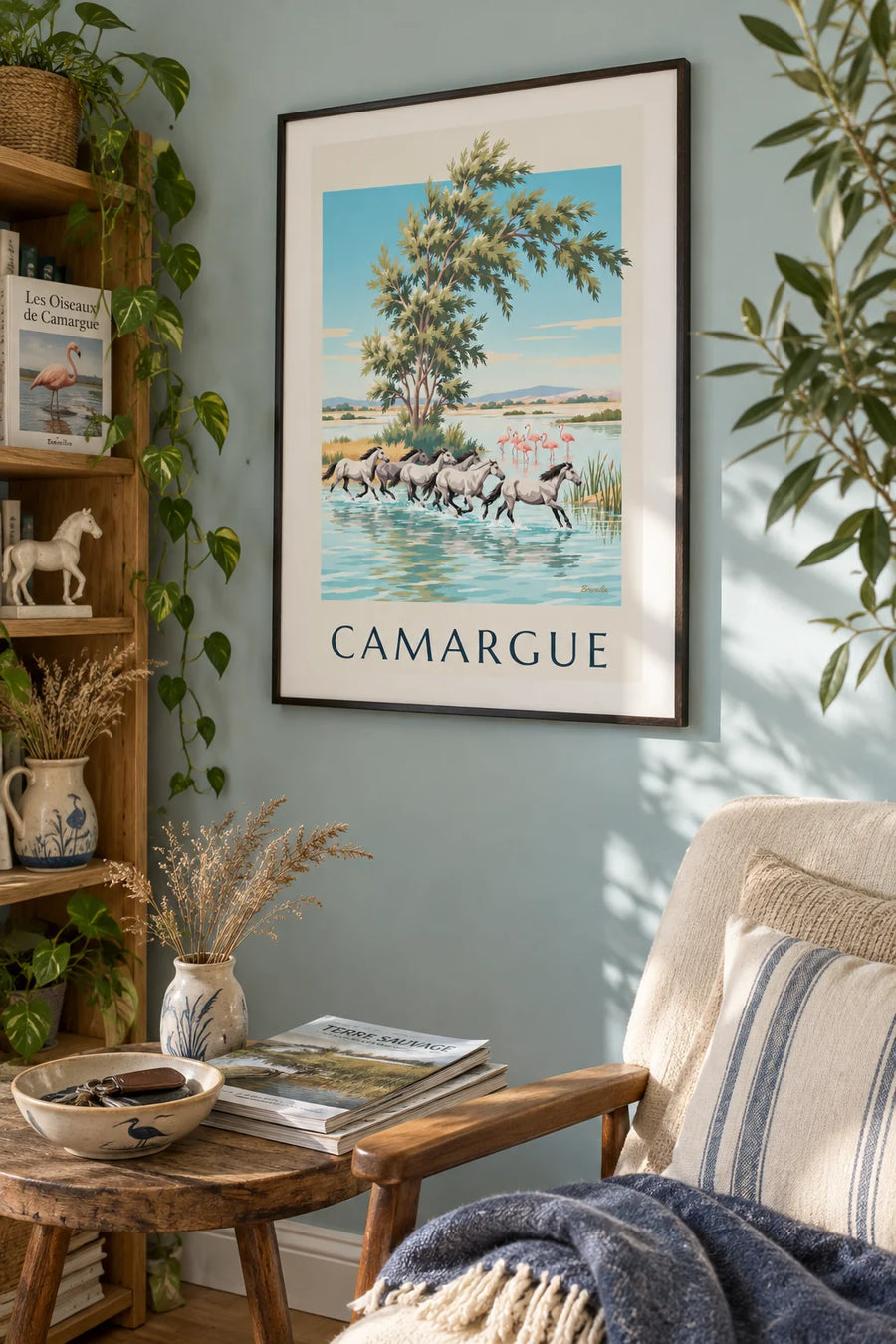 Plakat z końmi z Camargue galopującymi po mokradłach: w ramie na ścianie