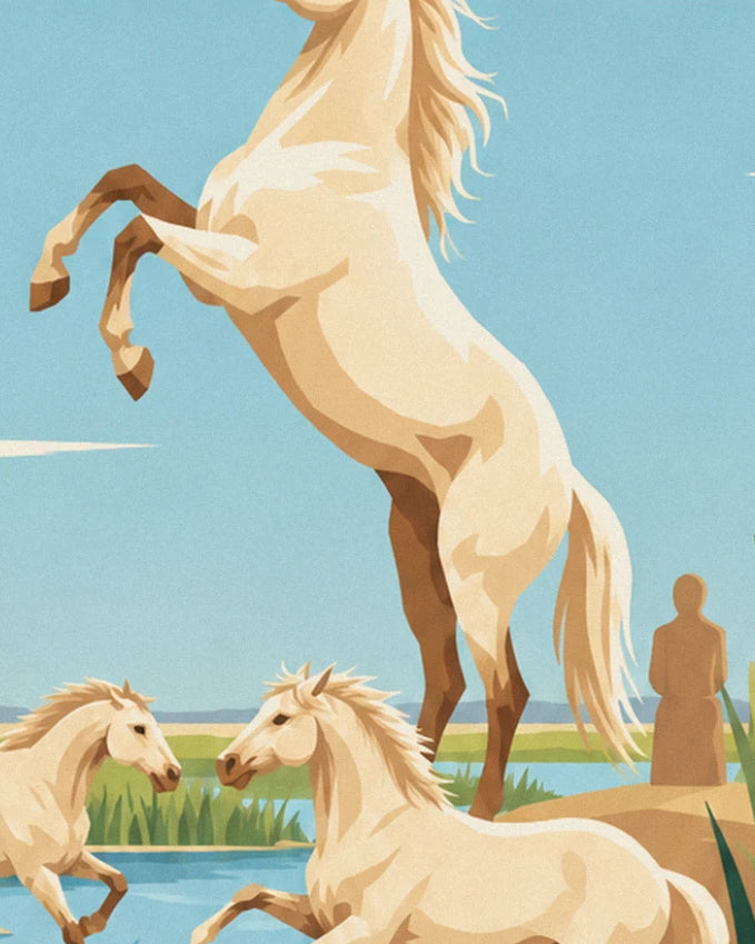 A white horse rearing against the blue sky, 2 other horses and a figure at the water's edge