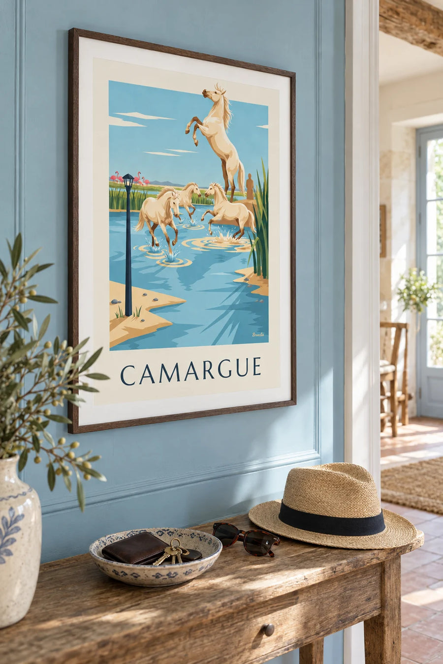 Camargue horses galloping through the marshes poster: framed on the wall
