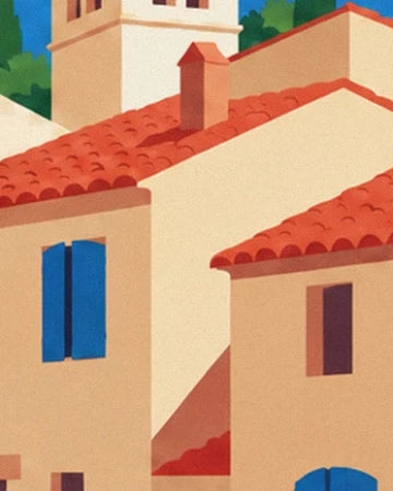 The village houses with cream façades, blue shutters and red tiled roofs