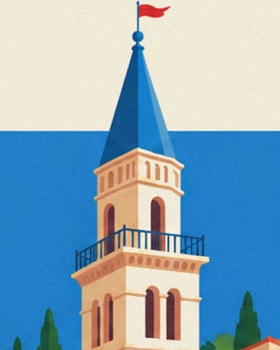 The bell tower with its blue spire, red flag and balcony with a dark railing