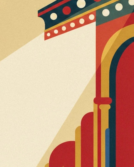 A red, yellow and dark blue arch edged with pale dots