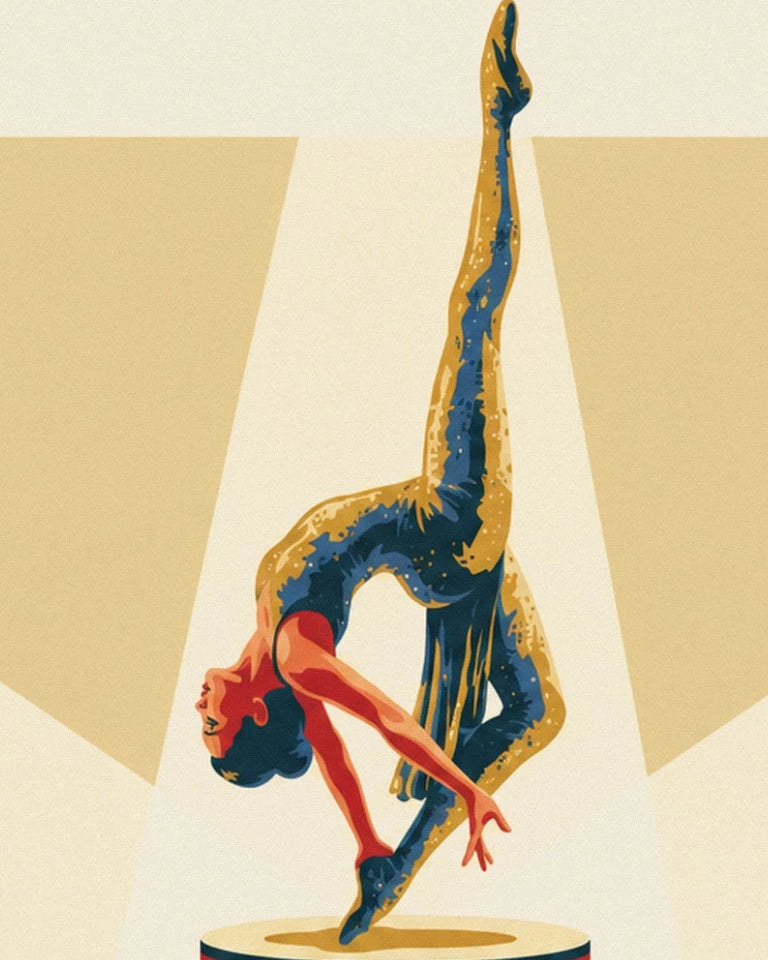 The contortionist in a blue and gold costume, with one leg stretched straight up