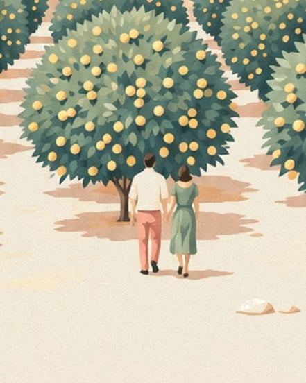 The couple seen from behind, hand in hand beneath a round lemon tree on the pale sandy path