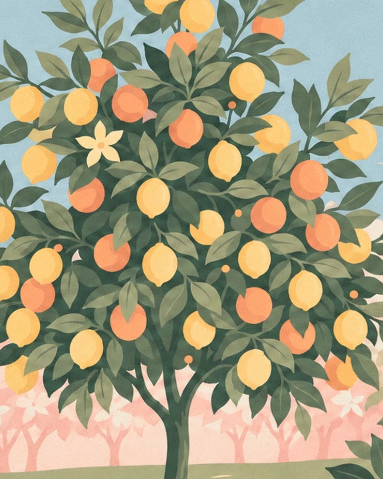 The lemon tree laden with yellow lemons and oranges at the foot of an orchard in pink blossom