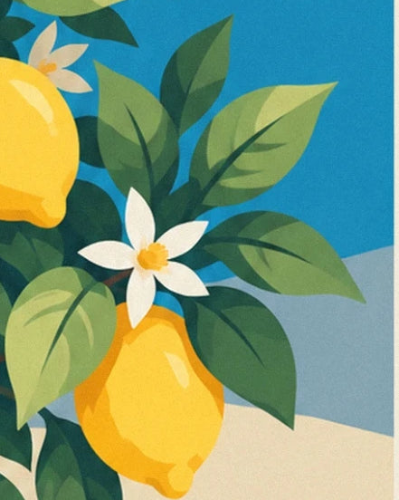 A white lemon blossom above a lemon, between green leaves