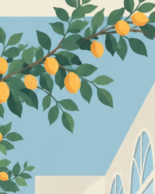 A branch of yellow lemons and green leaves beneath the blue ceiling