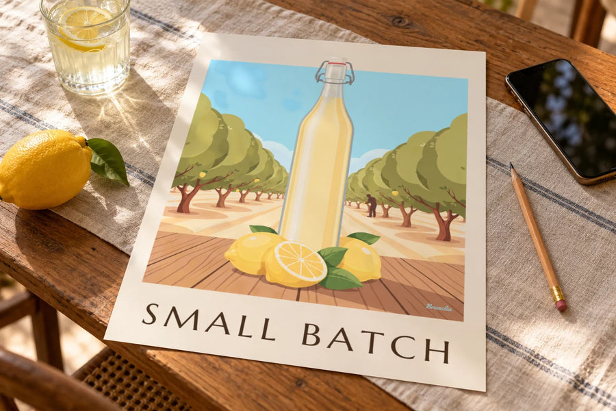 Plakat butelka domowej lemoniady i cytryny: postawiony na stole