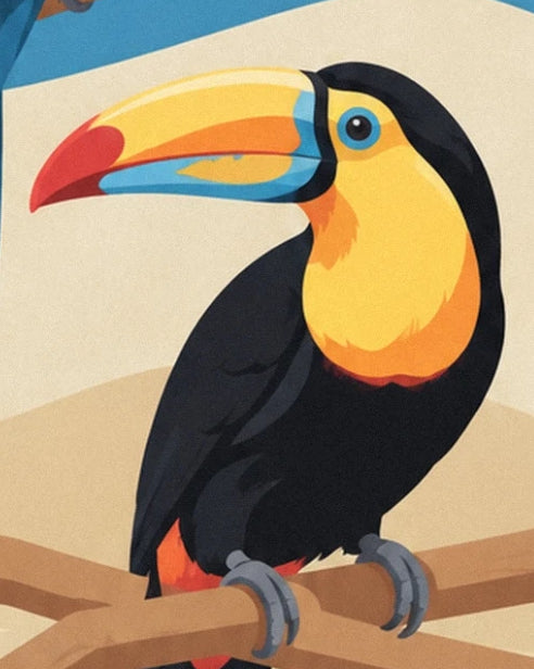 A toucan with a multicoloured beak and a yellow throat, on a branch