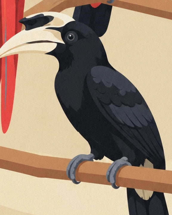 A black hornbill with an ivory beak topped by a casque, gripping a branch