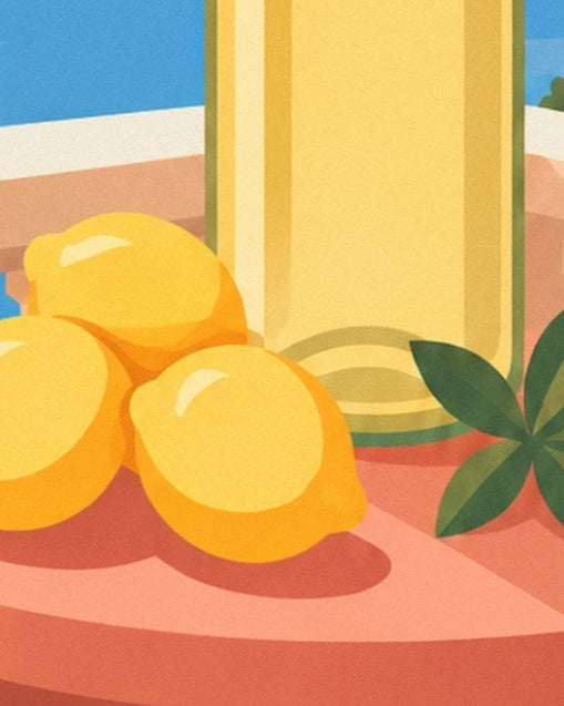 The yellow lemons and green leaves at the foot of the bottle on a coral table