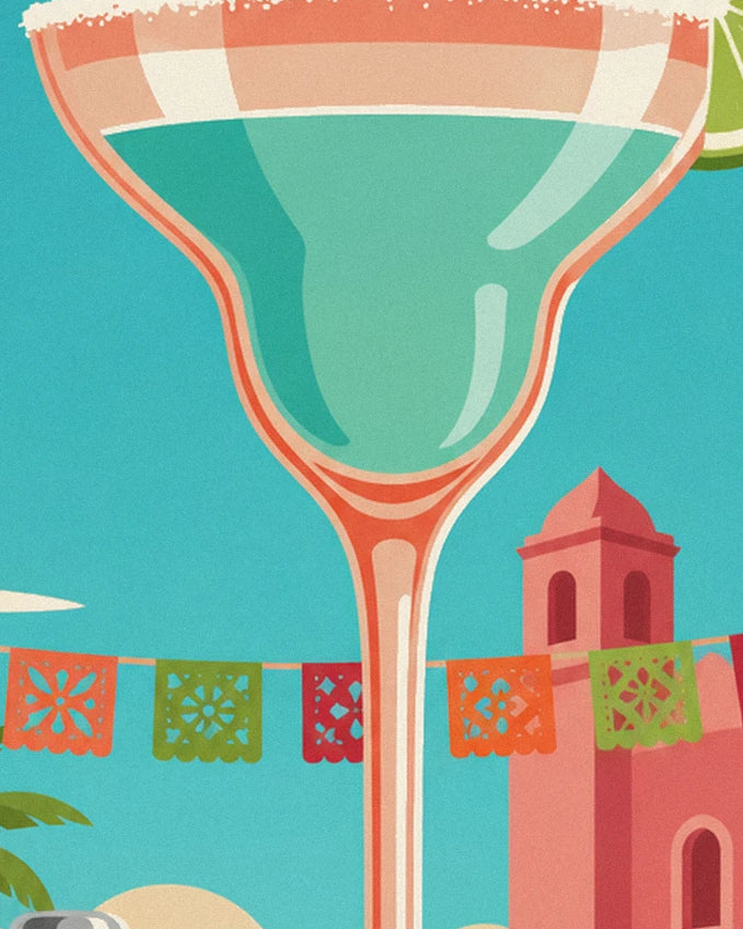 The margarita glass with a long orange stem in front of the cantina’s colourful bunting