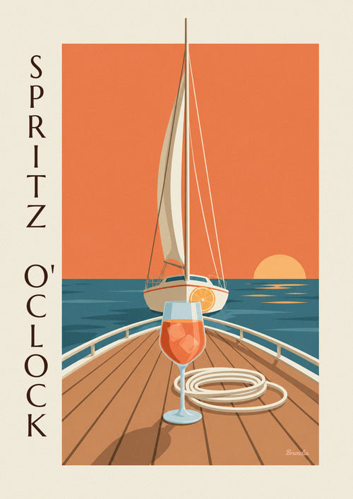 Plakat ze spritzem na pokładzie żaglówki o zachodzie słońca: cały plakat