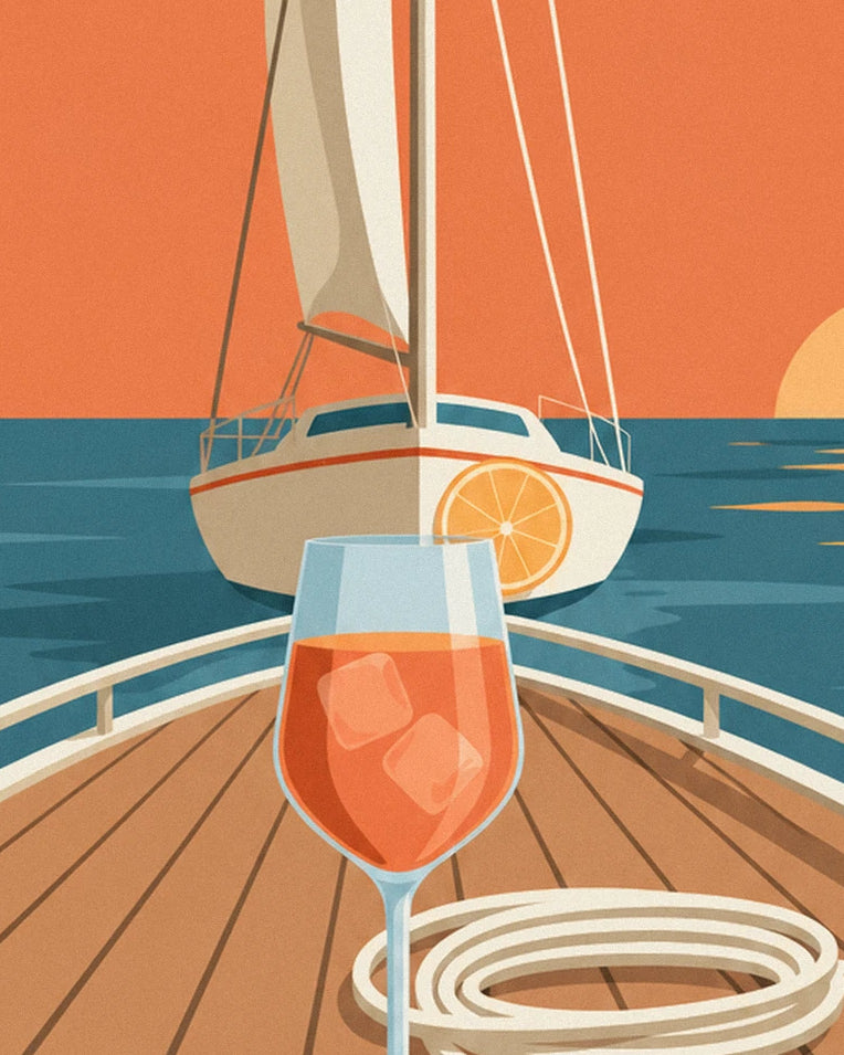 Spritz on a sailboat deck at sunset poster: close-up detail