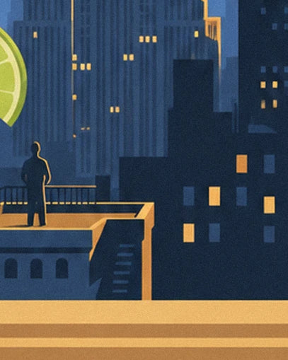 Silhouette d'un homme sur le toit-terrasse, face aux gratte-ciel bleu nuit aux fenêtres allumées