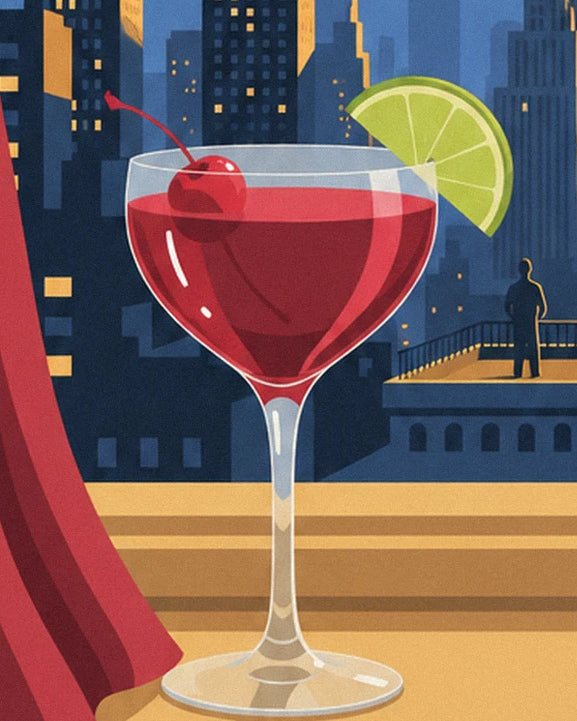 Coupe de cocktail rouge à la cerise, tranche de citron vert et rideau rouge, sur la terrasse
