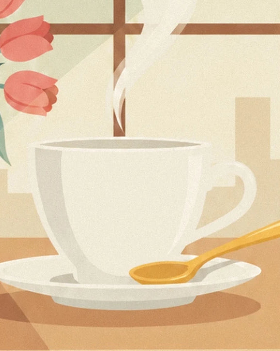 A steaming white cup on its saucer, with a golden spoon