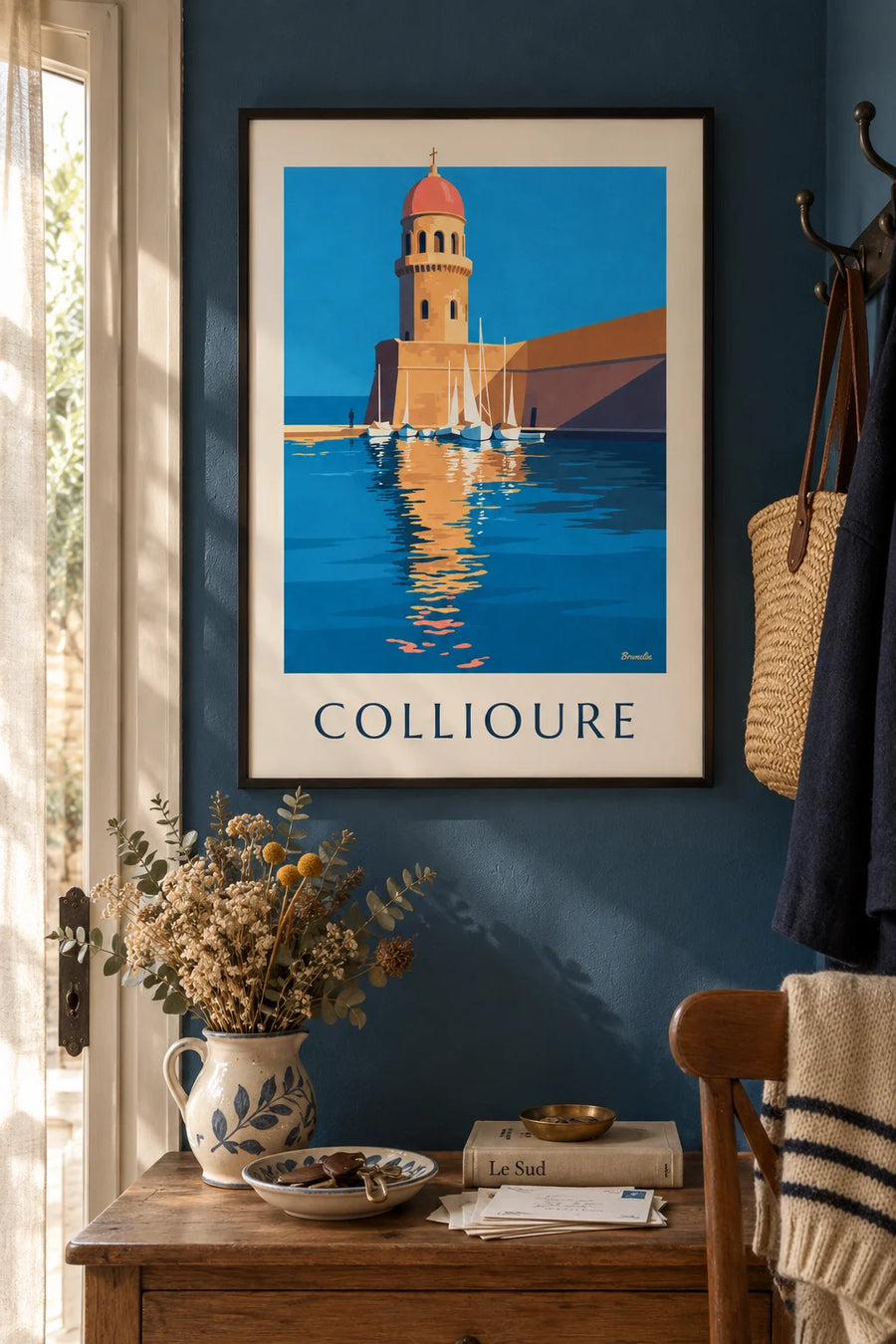 Collioure bell tower and sailboats in the bay poster: framed on the wall