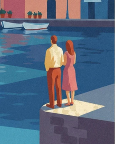 A couple in a pale shirt and pink dress at the edge of the quay, facing the rowing boats