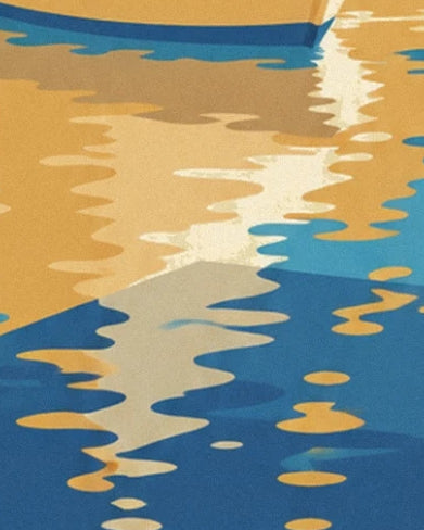 Yellow and cream reflections of a boat’s hull on the blue harbour water