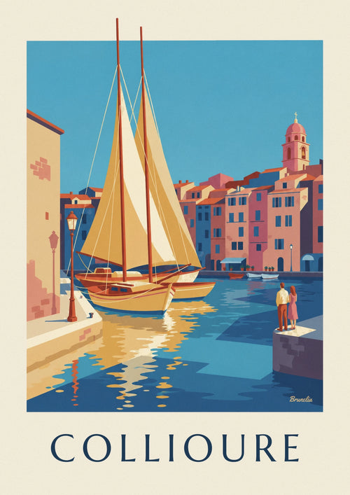 Affiche voiliers jaunes dans le port de Collioure : l'affiche entière