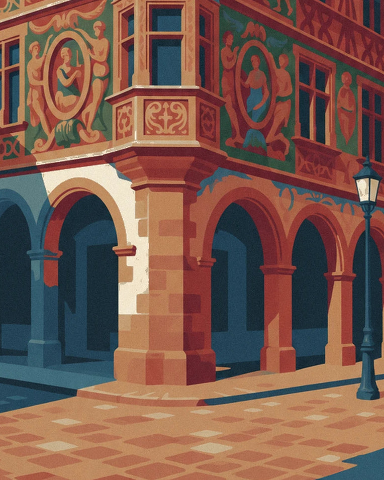Colmar Maison Pfister and carved wooden gallery poster: close-up detail