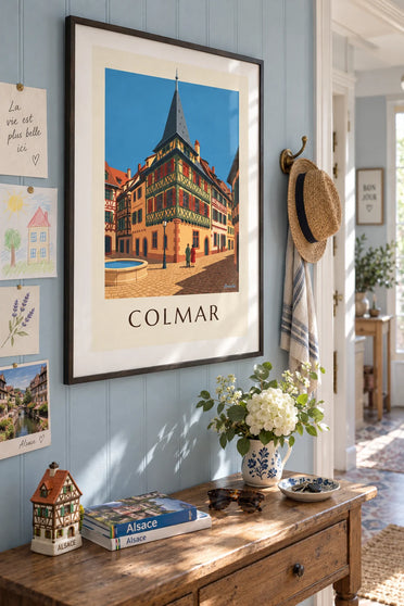 Poster of the Maison Pfister and its carved wooden gallery in Colmar: framed on the wall