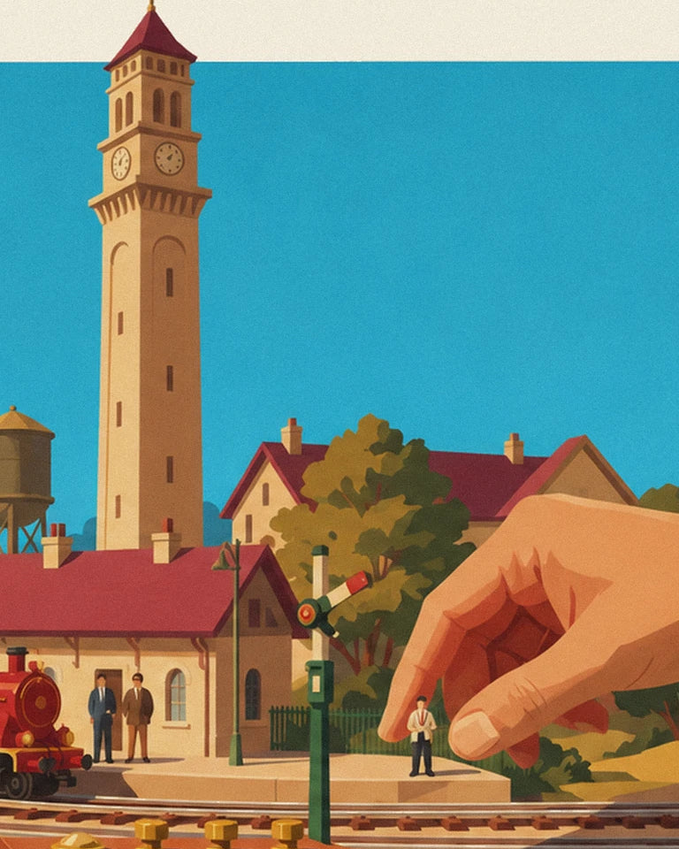 Miniature electric train and model railway station poster: close-up detail