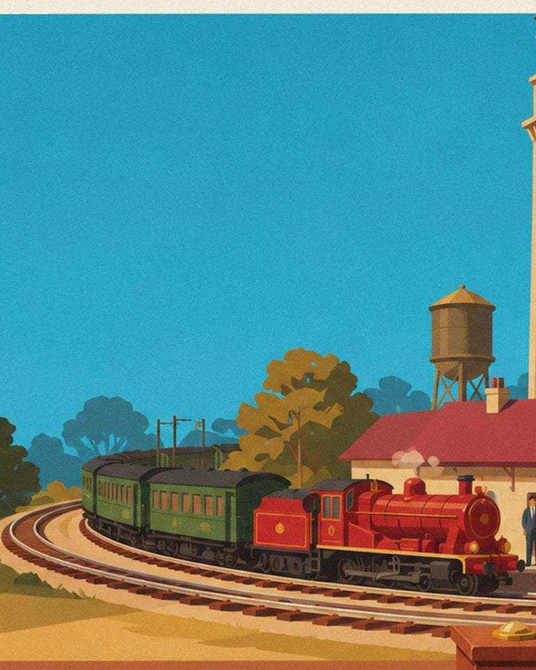 Miniature electric train and model railway station poster: close-up detail