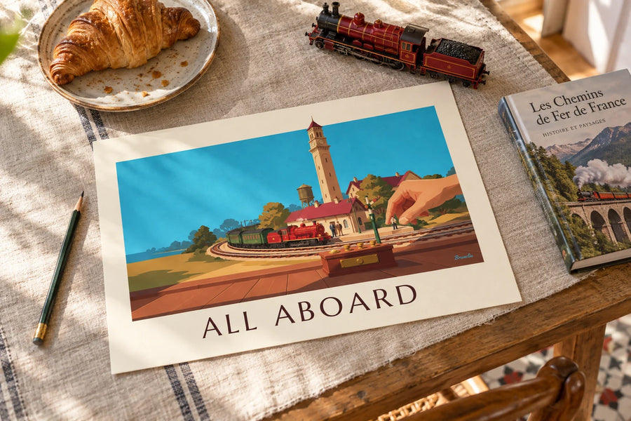 Affiche train électrique miniature et sa gare de modélisme : posée sur une table