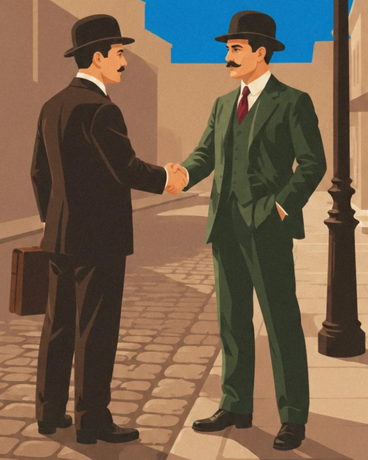 Les 2 gentlemen en chapeau melon, costumes brun et vert, se serrant la main