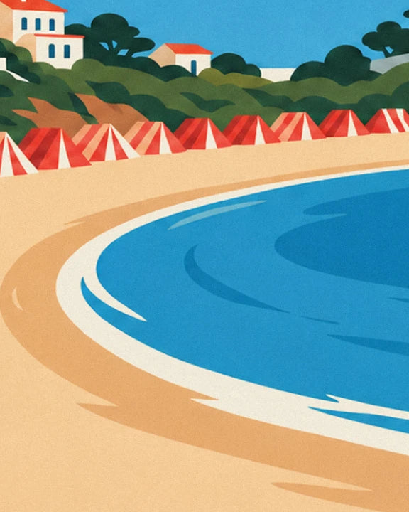 The golden sandy beach curving around a blue bay, lined with red beach huts
