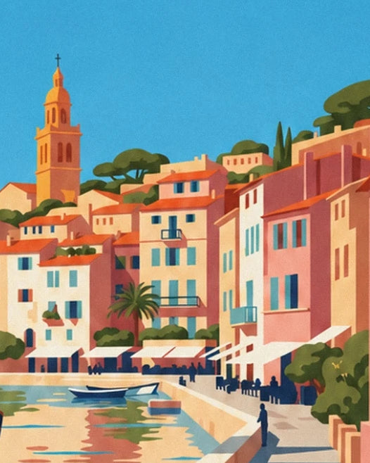 The pastel façades of Saint-Tropez, turquoise shutters and ochre bell tower facing the harbour