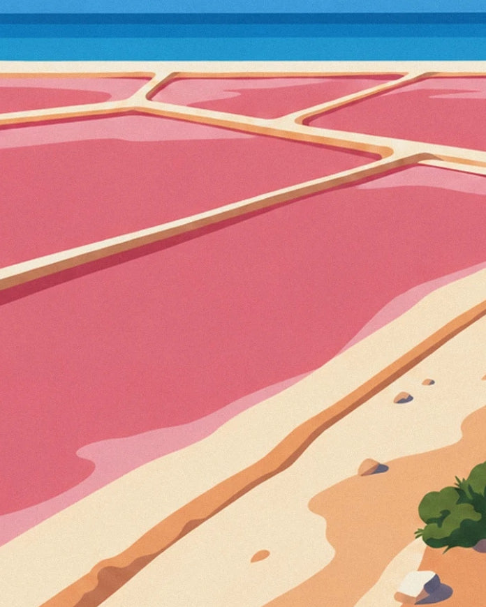 Les bassins roses des salins séparés par des digues claires, avec la mer à l’horizon