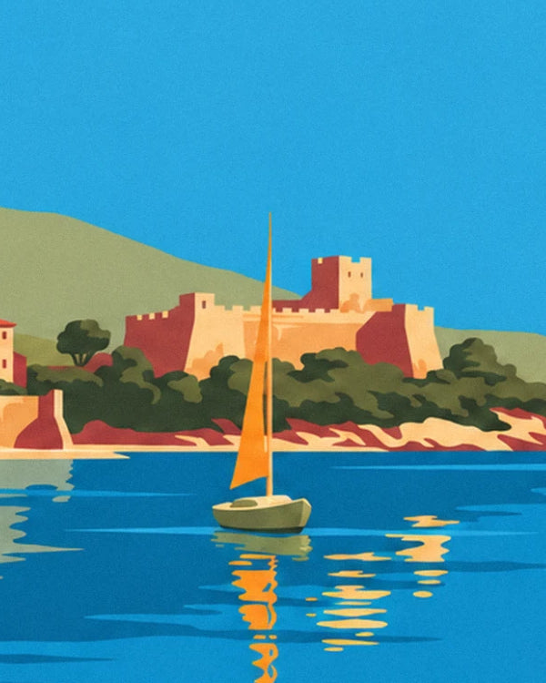 A small yacht with an orange sail in front of the citadel, on blue water