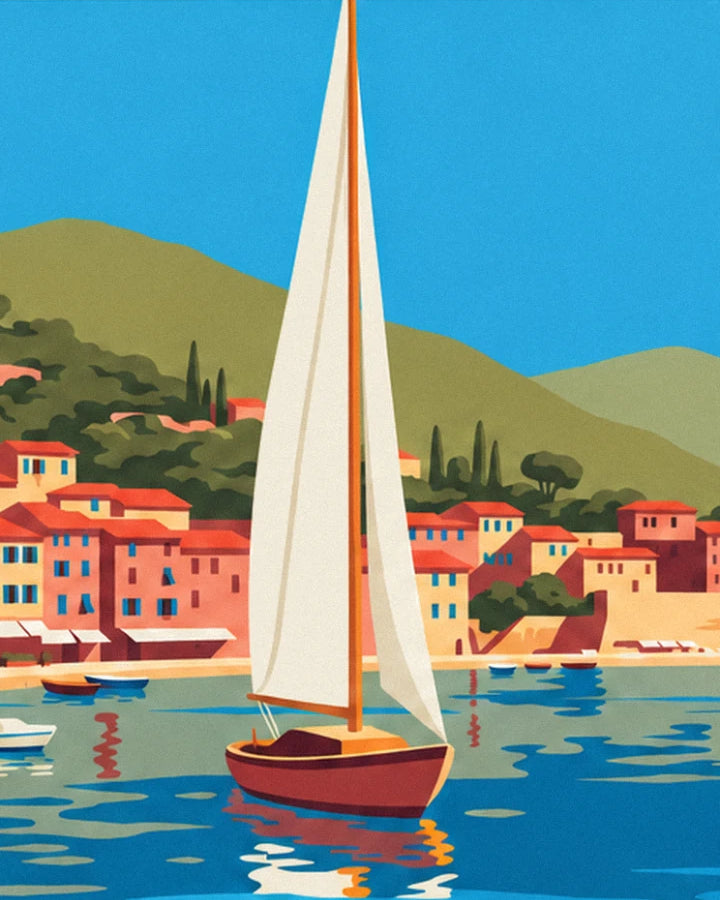 The yacht with its large white sail in front of the harbour's ochre and red houses