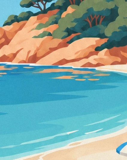 Les rochers orangés bordés de pins et l’eau turquoise de la baie