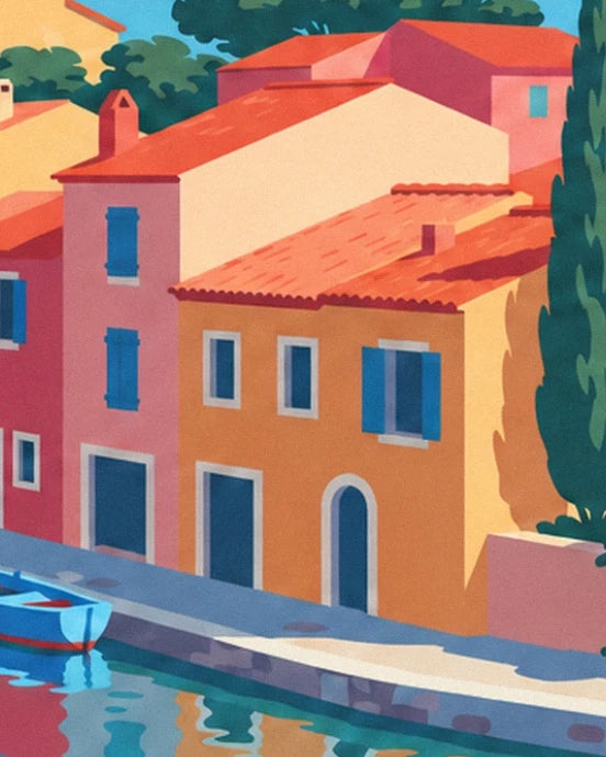 Les façades orange et roses aux volets bleus, reflétées dans le canal