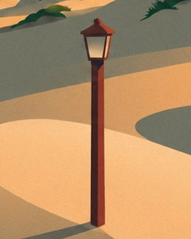 A dark red street lamp among the golden dunes, with its shadow on the sand