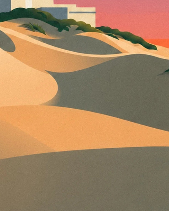 The curves of the golden dunes and their long shadows, edged with green vegetation