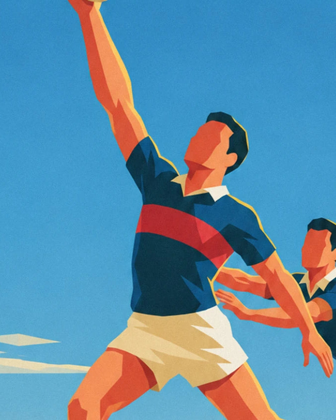 Le joueur au maillot bleu à bande rouge, bras levé, et son plaqueur derrière lui