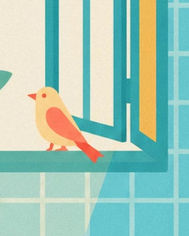 A yellow bird with orange wings perched on the turquoise windowsill