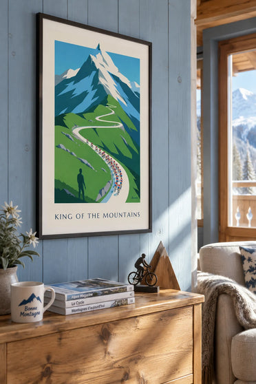 Poster of a cycling peloton on the switchbacks of an Alpine pass: framed on the wall
