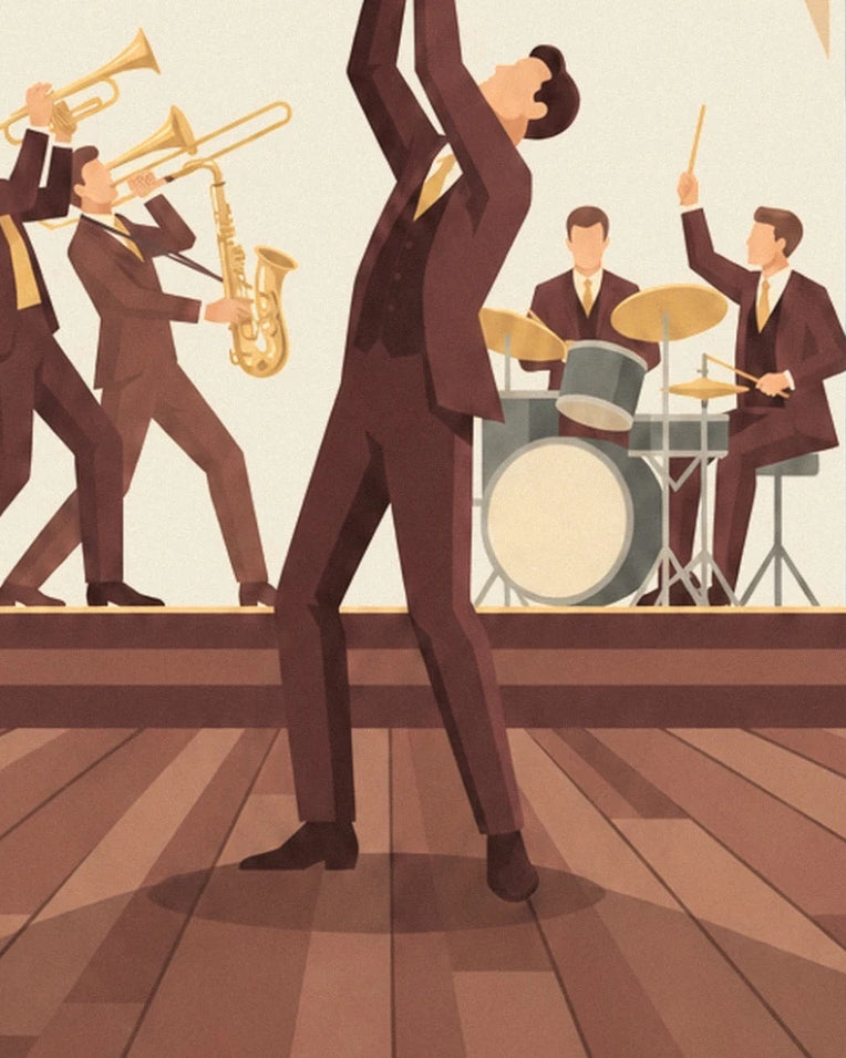 Affiche couple de danseurs de swing dans une salle de bal : détail en gros plan
