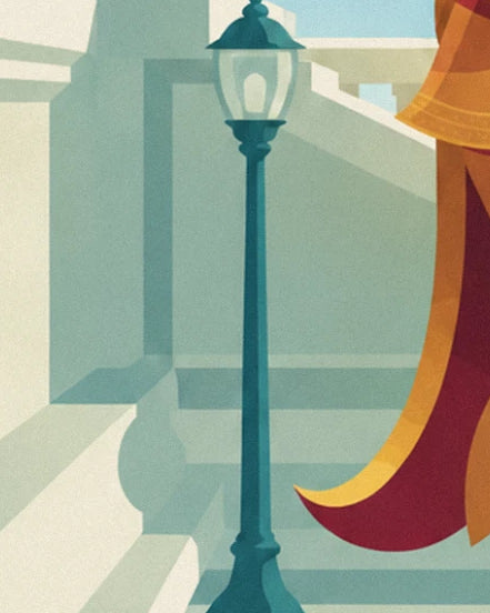 The pale green lamppost at the foot of the white steps, beside a swathe of red and gold fabric